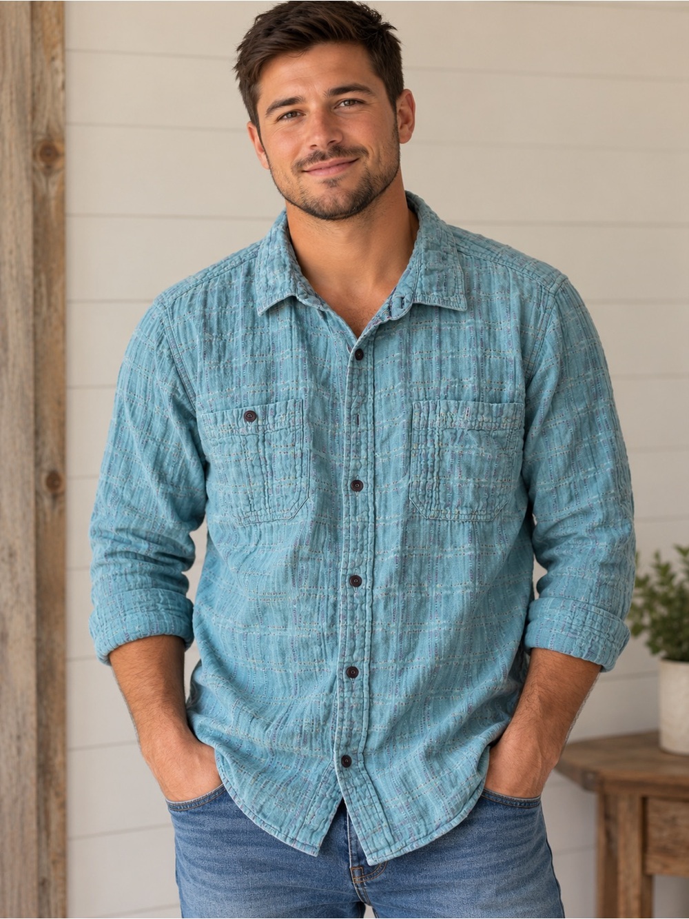 Carbon2Cobalt Men's Textured Button-Up Shirt - Blue